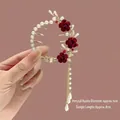 Fermaglio per capelli vintage rosa rossa con nappe di perle e cornice in metallo dorato - J69 Rosa Rossa Nappa Fibbia per Coda di Cavallo