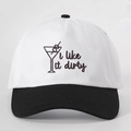 Detailed embroidery of i like it dirty text and martini glass on baseball cap - White and Black Splicing