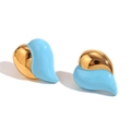 Golden and light blue enamel heart earrings with wavy texture in stainless steel - Gold-Blue