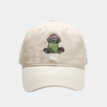 Close-up of cute cartoon frog and mushroom embroidery on beige cotton baseball cap - Adjustable / Beige