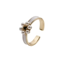 Bague ouverte dorée ajustable en forme de fleur avec perles et gemme noire - Ouvert Réglable / Blanc (CR0561DX)
