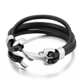 Multi-layer black braided leather bracelet featuring a polished silver anchor clasp charm - Polished Silver Anchor Multi-layer Black Leather (KB79225-BD)