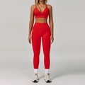 Ensemble de yoga rouge sans couture avec brassière col en V et leggings taille haute - S / Haut Et Bas / Rouge