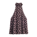 Haltertop met roze stippen in donkerpaars, mouwloze zomerse chiffon bovenkleding - XS / Bruin met roze stippen