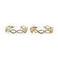 Detail view of gold C-shaped hoop earrings with infinity twist and micro-pave zircons - Infinity Symbol Twist Hoop / Gold