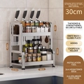 Two-tier stainless steel kitchen rack with 30cm width for spices, knives, and cutlery - Double Layer 30cm + Knife Rack + Chopstick Tube + Hooks