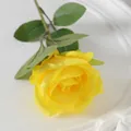 Single yellow faux silk rose with green leaves on a white ceramic plate decoration - 7cm / Light Yellow (Silk Cloth)