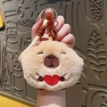 Porte-monnaie peluche capybara avec cœur rouge et porte-clés mousqueton métallique - Style Cœur / Marron