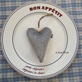 Gray plush heart Christmas ornament with silver glitter, wooden bead and jute rope hanger - Heart - Grey