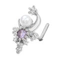 L-shaped silver nose stud with scorpion design, purple gemstone, and white pearl inlay - BD00549 Silver/Moon Pearl Scorpion