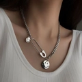 Silver smile pendant necklace with safety pin charm and mixed chain links for women - Silver Paperclip Smile