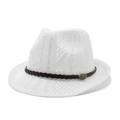 Weißer Vintage-Fedora-Hut mit Strickmuster und braunem Lederband mit Rhino-Schnalle - M (56-58cm) / Weiß