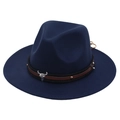 Ethnic style navy blue felt fedora with a vintage bull skull leather band accent - Kids One Size (54cm) / Navy Blue