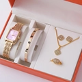 Golden quartz watch set with pink rectangular dial, necklace, and love bangle in gift box - Gold Pink Rectangular Gem Letter Bangle Set (A7)