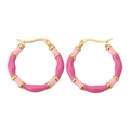 Close-up of bohemian bamboo hoop earrings with pink and magenta enamel gloss finish - Pink Rose Red