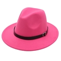 Detailed close-up of rose pink fedora hat featuring a black band and silver metal buckle - M (56-58cm) / Rose Red (Black Leather Band)