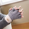 Winter gray fingerless knit gloves with beige ribbed cuffs and thermal fleece lining - Half Finger Style / Gray