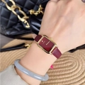 Women's vintage gold rectangular watch with red leather strap and crystal detail - Gold/Red (Rectangular Rhinestone Detail)