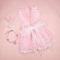 Detailed set of pink lace pet dress with matching bow headband and pearl heart necklace - XS / Pink Dress + Necklace + Head Flower (D58)