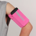 Pink elastic sports armband with reflective strip for running, shown on athlete's upper arm - Rose Red