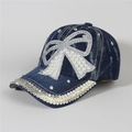 Casquette en denim avec nœud en strass et bordure ornée de cristaux brillants - Style 1-Denim Bleu Foncé Perle Strass Noeud