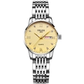 Waterproof gold face steel watch for women with dual calendar and diamond markers - Silver Strap Gold Dial