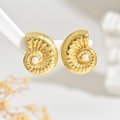 Macro shot of gold seashell earrings featuring a central white pearl on a display stand - Conch Artificial Pearl Style (FYD6193)