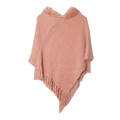 Peach pink knit poncho for women with striped fringe and matching faux fur collar - Pink