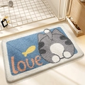 Tappeto bagno floccato con gatto grigio, pesce giallo e scritta love su sfondo blu - 40*60cm / Gatto Domestico