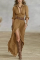 Boho maxi-jurk in kaki bruin met V-hals, taille riem en modieuze voorsplit - XS / camel
