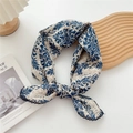 Navy and beige vintage floral silk scarf with delicate black lace trim for women - Blue Vine