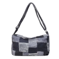 Denim checkerboard crossbody bag with dark and light blue patchwork and adjustable strap - 32*12*19 / Black