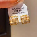Detail of 925 silver gold-plated geometric square earrings with clear zircon stones - 925 Sterling Silver Earring Post - Gold Square Geometric Hollow