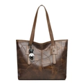 Borsa tote marrone in finta pelle con trama patchwork e ciondolo a forma di orsetto - Cachi