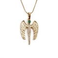 Detailed shot of golden angel wing pendant with white crystals and green drop gemstone - C0747CX Angel Wing Green Gem