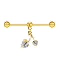 Detailed close-up of golden industrial barbell with cherry heart cubic zirconia pendant - Gold/Cherry/White Zircon