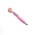 Pink cartoon doll head multifunction ballpoint pen with stylus tip and fuzzy hair - Pink