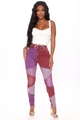 Slim fit high waist patchwork jeans in purple and reddish brown with lace-up detail - 3XL / Fuschia