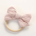 Pink cotton muslin bow headband with beige elastic band for infants and toddlers - Light Khaki