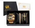Men's luxury gold watch set with square dial, Cuban bracelet and cross necklace in gift box - 3364 Gold Black Necklace Collection