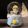 Blue music box crystal ball with girl figurine and yellow duckling relief base - 2524 Blue Base / Medium 80mm Light + Music