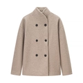 Dames korte wollen jas met dubbele rij knopen en opstaande kraag in beige - S / Khaki