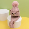 Set berretto e sciarpa in maglia rosa per bambini con orecchie da orso e pompon morbido - Cappello + Sciarpa / Rosa