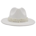 Detail of white fedora hat featuring elegant multi-row pearl embellishment and wool felt - White (Large Pearl)