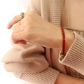 Golden bracelet set with red rectangular gemstones and matching checkered ring - Red Zircon Bracelet / 17cm