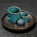 Morandi ceramic candle holder set in peacock blue glaze with a brown round wooden tray - Teal