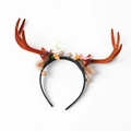 Diadema festiva de astas de reno con terciopelo marrón y flores para Navidad - Diadema de astas de reno de Navidad Modelo H