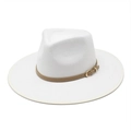 Detailed close-up of white wool fedora hat featuring a tan leather belt buckle band - M (56-58cm) / White