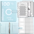 Light blue 100 envelope savings challenge binder with numbered pockets and tracking card - Blue Shell + 25 Numbered Sleeves + 2 Smile Trackers / Blue (Printed + 2 Smile Papers)