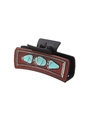 Western cowboy style dark brown leather hair claw clip with turquoise patterned design - Dark Brown Turquoise Decor Pattern (90116)